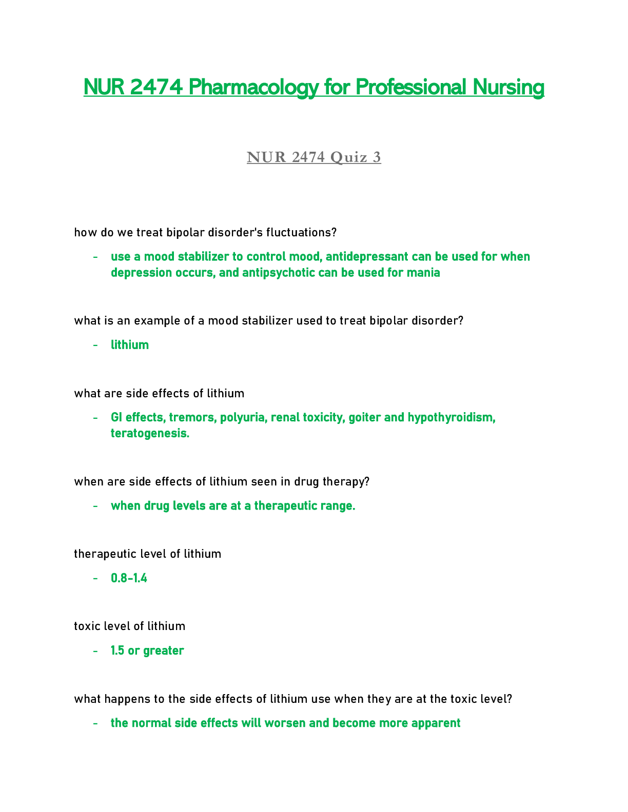 NUR2474 / NUR 2474 Pharmacology for Professional Nursing Quiz 3 Updated: - Rasmussen